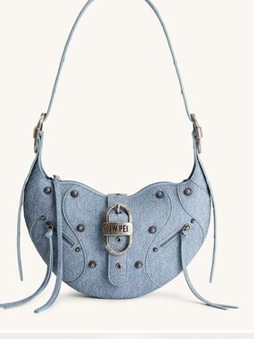 Tessa Denim Embossed Shoulder Bag - Blue